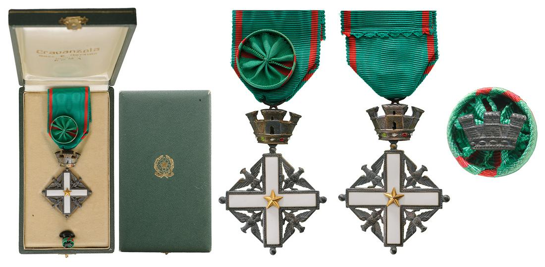 ORDER OF MERIT OF THE ITALIAN REPUBLIC: Officer's Cross, 4th Class, 1st Type, instituted in 1951. Breast Badge, 61x45 mm, Silver, both sides enameled, both central medallions gilt, original suspension ring and ribbon with rosette, in case o
