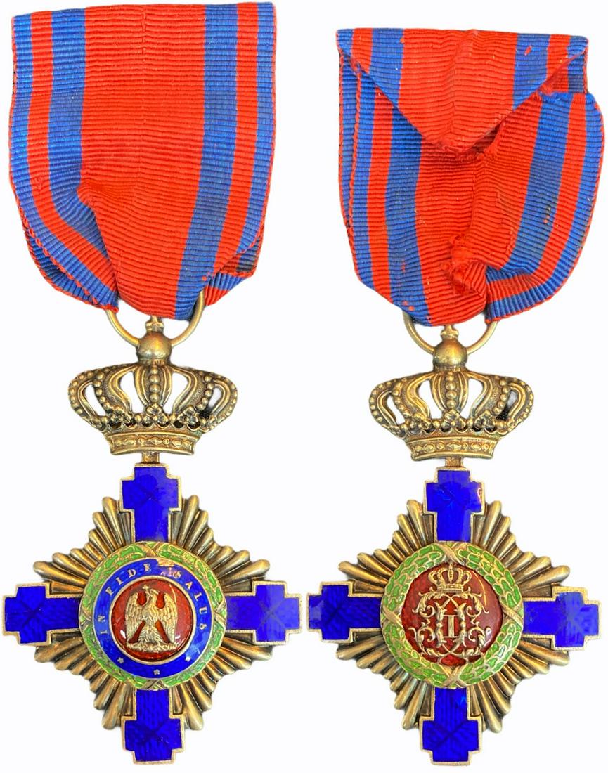 ORDER OF THE STAR OF ROMANIA, 1864: Knight 's Cross, 1st Model, for Civil. Breast Badge, 64x44 mm, Silver, maker's mark "Resch", both sides red enameled, obverse medallion with cipher of Carol I, (minor damage), reverse medallion with "
