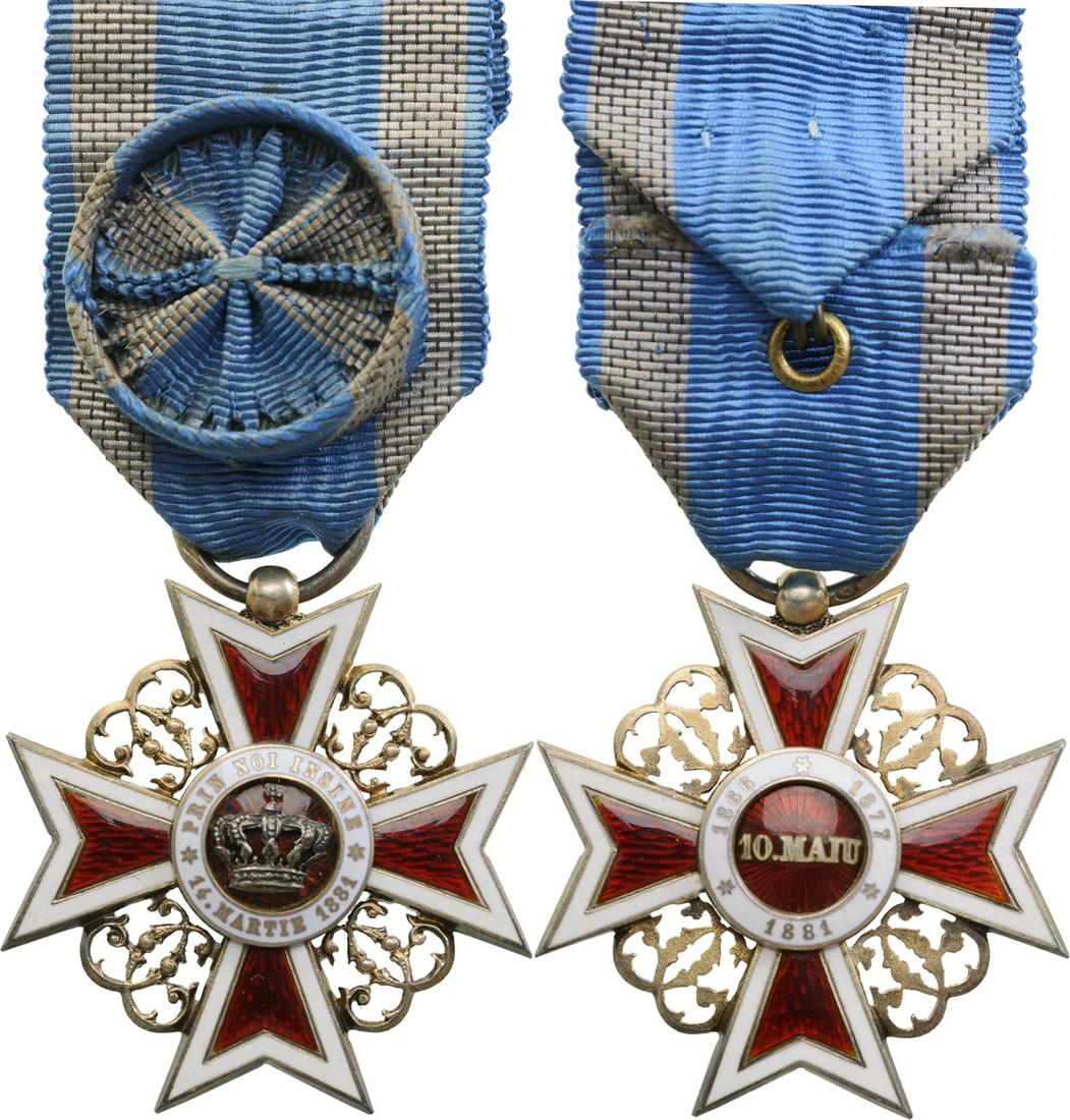 ORDER OF THE CROWN OF ROMANIA, 1881: Officer 's Cross, 1st Model, Civil. Breast Badge, 47 mm, gilt Silver, maker's mark "KF-Kretly Freres", Austrian hallmarked "3 A", both sides enameled, original ring and rosette ribbon. Very rare and s