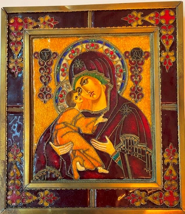 Polychrome Icon of the Virgin carrying the infant Jesus: Slave polychrome icon on a metal frame, large rectangular central medallion on the traditional theme of the Virgin of tenderness carrying the infant Jesus and four large decorative boxes. The icon is