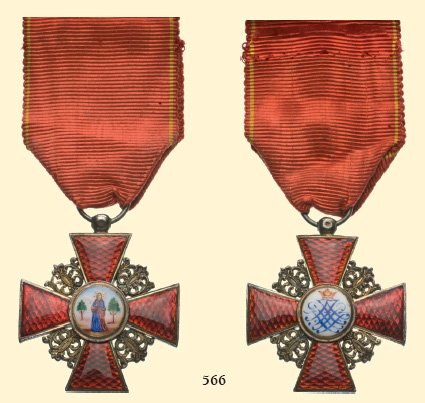 ORDER OF SAINT ANNA: ORDER OF SAINT ANNA 3rd Class, Knight`s Cross. Breast badge, silver gilt, both sides enameled, medallions beautifully painted,original suspension ring and ribbon. Excellent old French quality with som