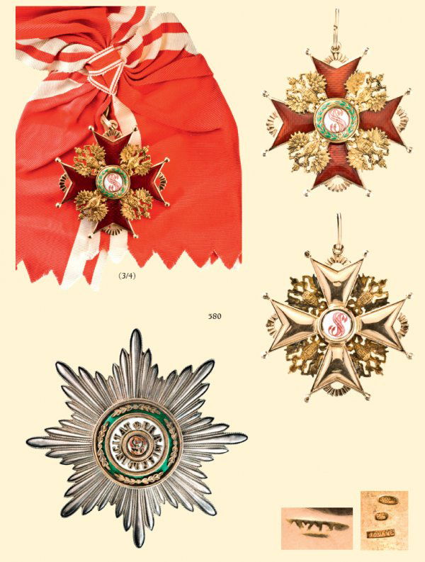 ORDER OF SAINT STANISLAS: ORDER OF SAINT STANISLAS Grand Cross Set, 1st Class, by Eduard. Sash badge, gold, diam. 6,9 cm., hallmarked "56" and kokoshnik,maker's mark "WK, Eduard and eagle". One surface chip on one arm, or