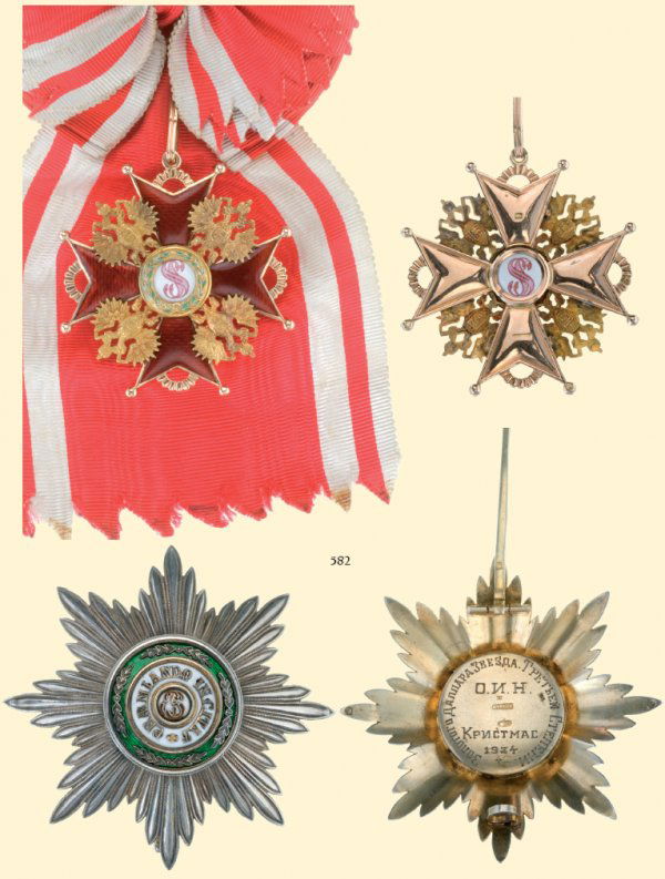 ORDER OF SAINT STANISLAS: ORDER OF SAINT STANISLAS Grand Cross Set, 1st Class, by Eduard with Personalized Inscription. Sash badge, gold, diam. 63 mm.,maker's mark "Eduard and 39 (Iohann Linsted, 1906-1910)". Breast star, silv