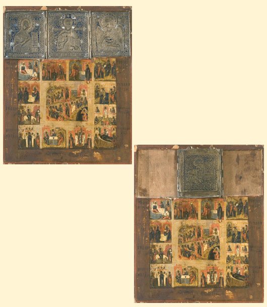 Icon: Icon Russian FESTAL Icon with bronze Deisis triptych, tempera on wood, 44,5x37 cm., 19th century.This icon is presenting the church feasts around the main feast of Ressurrection which is the OrtodoxCh