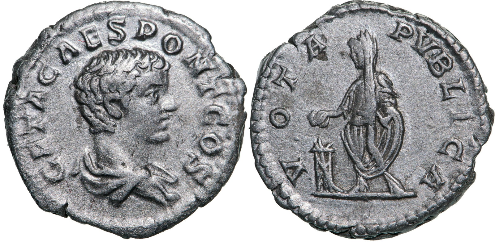 Geta (198-209 AD), AR Denarius (2.94g), struck 205 AD,: GETA CAES PONT COS, draped bust right / VOTA PVBLICA, Emperor standing left holding Patera, befor altar. RIC 38b. XF