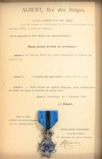 ORDER OF LEOPOLD II: Knight`s Cross, 2nd Type, 5th Class and original Diploma, instituted in 1900. Breast Badge, circa 35 mm, Silver, both central medallions silver, enameled, original suspension ring and ribbon. Awarding
