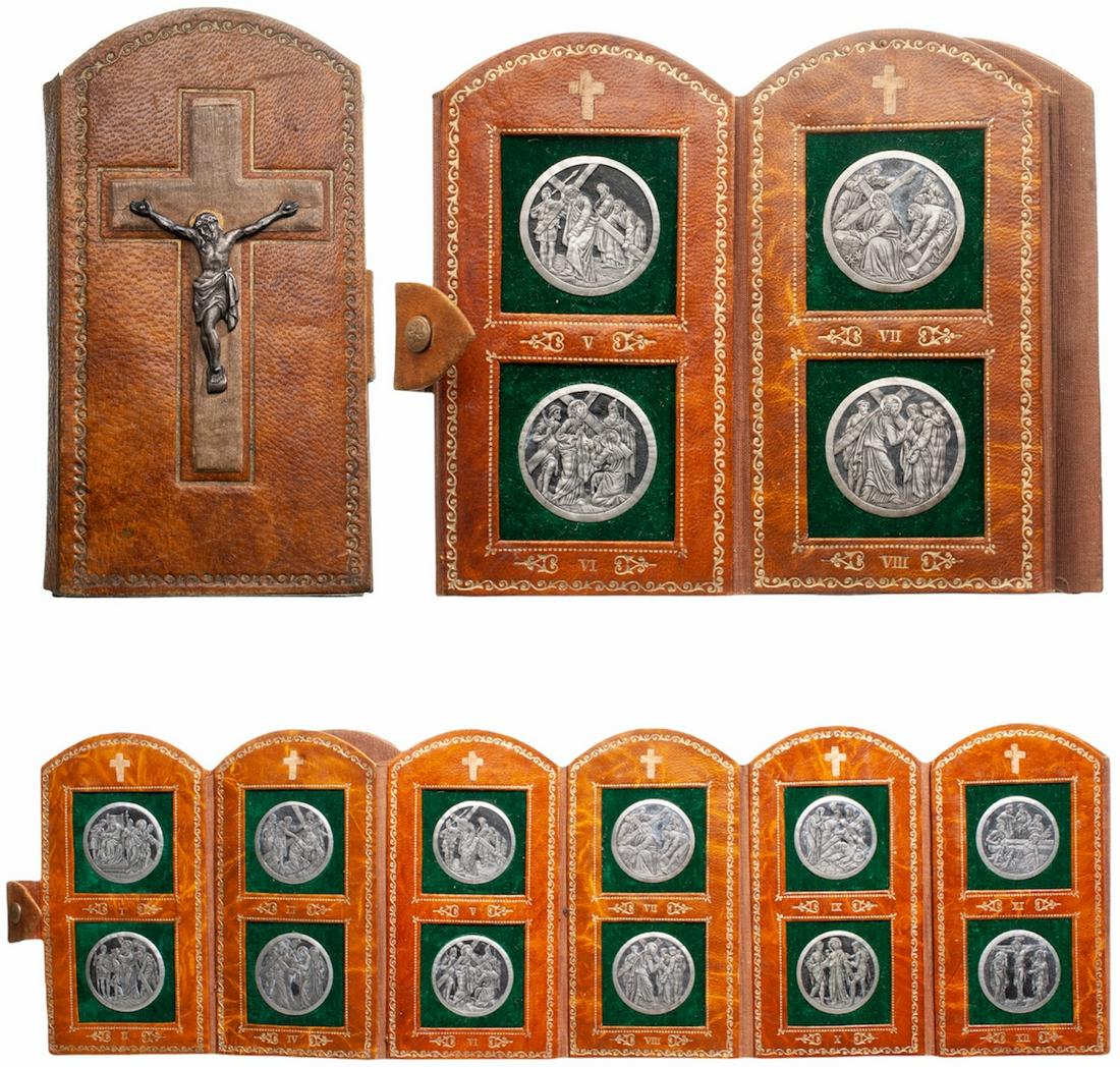 Gothic Icons: Beautiful pocket memento in the shape of a Gothic vault containing icons stamped in medals the fourteen stations of the Way of the Cross of the Passion of Christ.Tobacco-colored morocco leather cover,