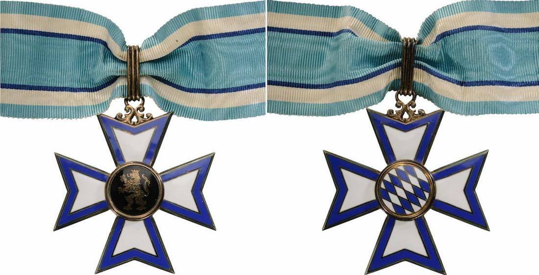 BAVARIAN ORDER OF MERIT: Commander's Cross, 1st Class, instituted in 1953. Neck Badge, 71x65 mm, gilt Silver, enameled, both central medallions gilt Silver, enameled, with original suspension loop and ribbon. Extremely fine c