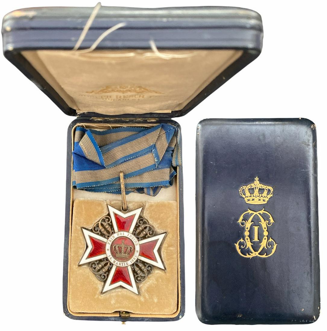 ORDER OF THE CROWN OF ROMANIA, 1881: Commander 's Cross, 1st Model, Civil. Neck Badge, 62 mm, Silver, hallmarked, maker's mark "Kretly Freres", both sides red enameled (minor damage), original complete ribbon, in case of issue by "Joseph