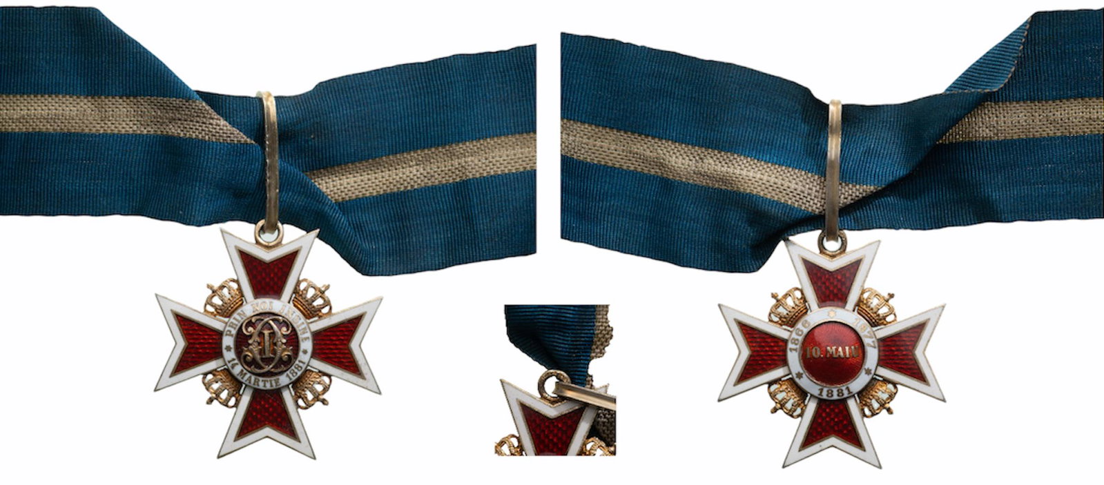 ORDER OF THE CROWN OF ROMANIA, 1881: Commander's Cross, 2nd Model (1932) for Civil. Neck Badge, 47 mm, gilt Silver, hallmarked "crown, 542-43", maker's mark "MN - Monataria Nationala", enameled, original suspension ring, loop and ribbon.