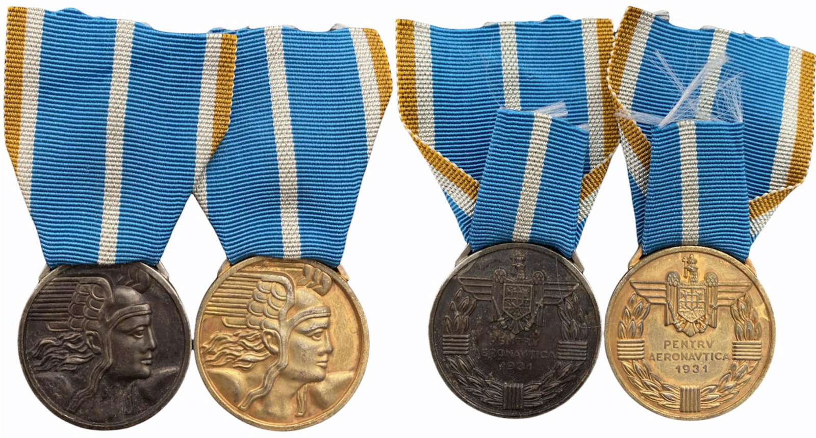 The "Aeronautical Virtue" Medal, Civil: Set 1-2 Classes. Breast Badges, 32 mm, gilt Bronze and silvered Bronze, original rings and ribbons. (2) Rare set! I R!