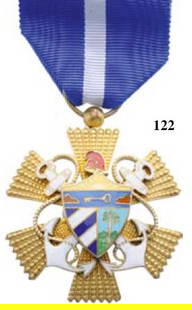 Order of Naval Merit: 122. Knight's Cross.Breast Badge, 42 mm., gilt bronze, superimposed parts giltbronze, enameled, maker's mark VILARDEBO, RIERA",original suspension ring and ribbon. Attractive badge."