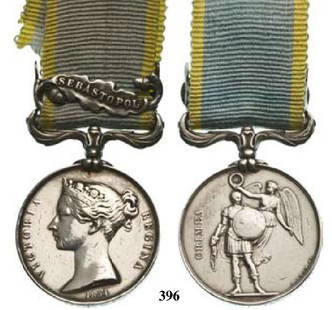 CRIMEA MEDAL: 396. Crimea Medal 1854-1855.Breast Badge, silver, Queen Victoria profile (Wyon"),named "SIMON FROST, 19th FOOT", with ornamentalswivel suspension and one clasp "SEBASTOPOL"on originalribbon. Contact m