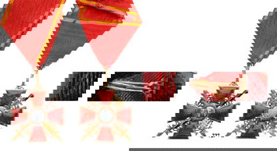 ORDER OF SAINT ANNA: 3rd Class with Swords, Knigth's Cross.Breast Badge, 36 mm., gold, both sides enameled, maker'smark BD", original pentagonal ribbon as used to wear. Verynice patina.I"