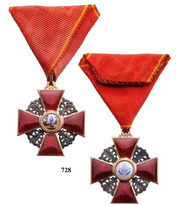 ORDER OF SAINT ANNA: 3rd Class, Knight's Cross.Breast Badge, 34,5 mm., gold, both sides enameled, maker'smark AK", hallmarked "56", triangular original ribbon. Perfectcondition.I"