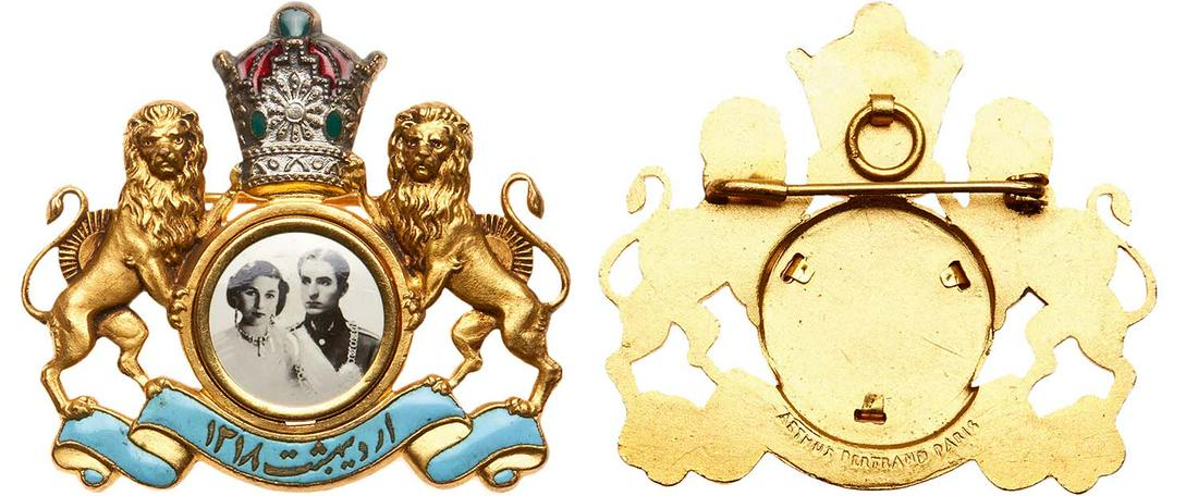 Pahlavi Commemorative Medal for Mohammad Reza Shah and: Pahlavi Commemorative Medal for Mohammad Reza Shah and Queen Fuzieh Wedding, dated 1318 SH (c.1939/1940), in gilt Bronze, enameled, with reverse pin, maker`s mark "Arthus Bertrand, Paris". A superb ba