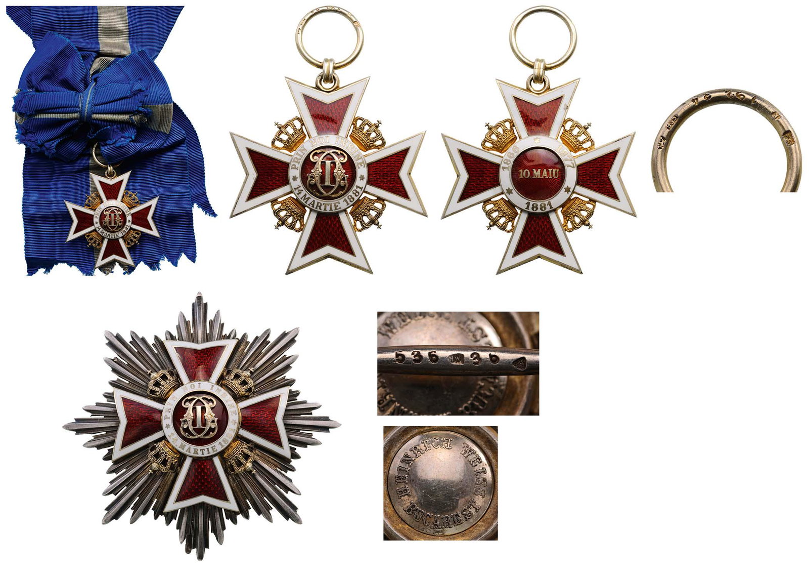 ORDER OF THE CROWN OF ROMANIA, 1881: Grand Cross Set, 2nd Model (1932) for Civil. Sash Badge, gilt Silver, hallmarked "192-34, 935, crown", maker`s mark "HW (Heinrich Weiss, Bucharest)", both sides red enameled, very fine quality with or