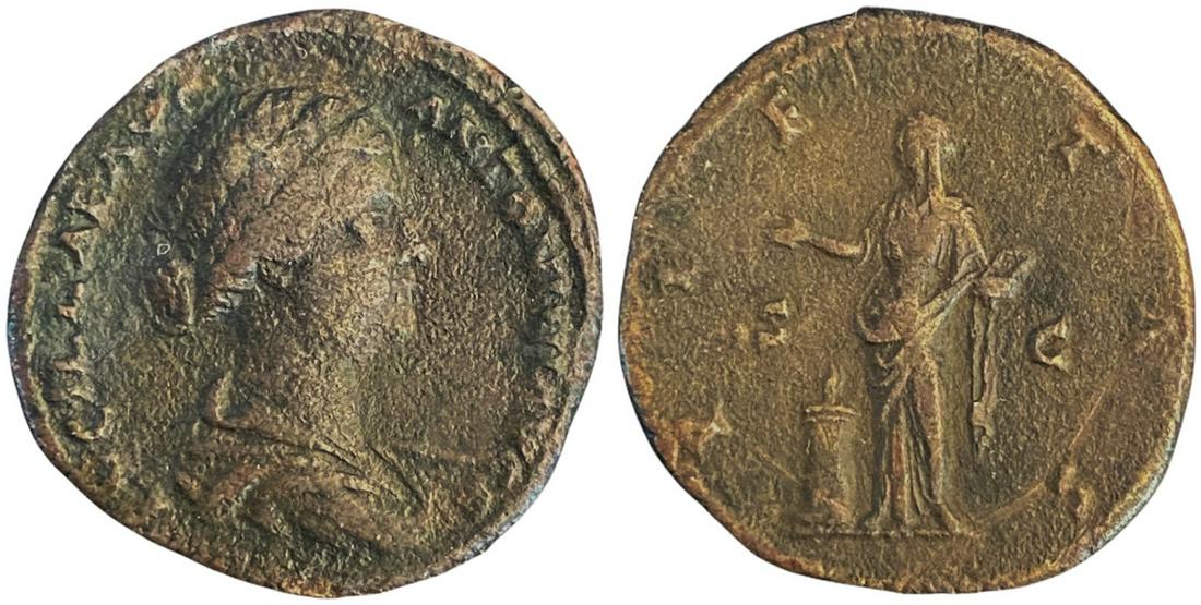 Lucilla Augusta (164-182) Sestertius, Bronze (21.66),: LVCILLAE AVG ANTONINI AVG F, draped bust of Lucilla right, seen from front, hair in waves and coiled up in chignon at back of head / PIETAS, Pietas, draped, standing facing, diademed and veiled head l