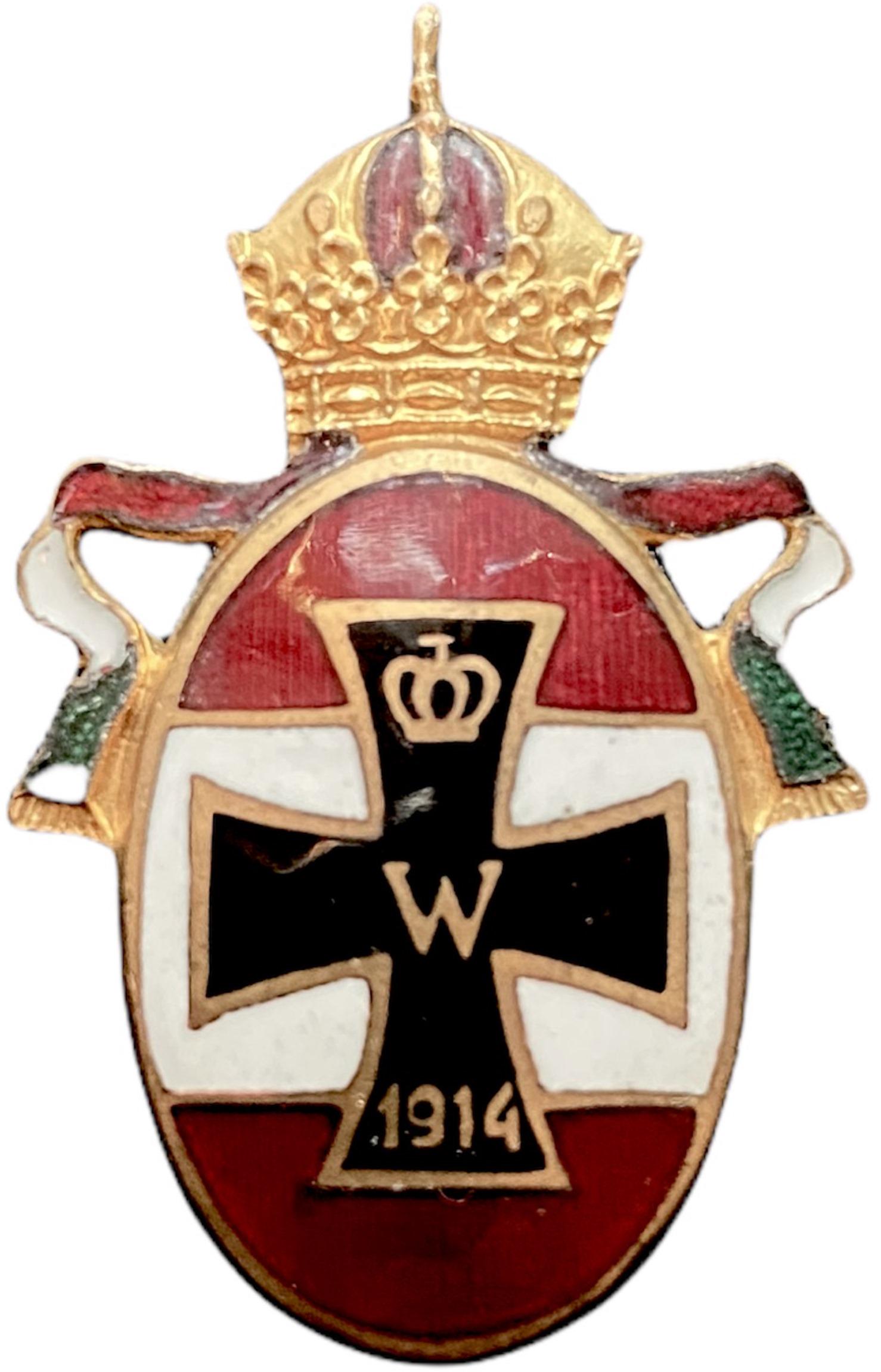 Patriotic Badge with the Iron Cross Motif and Hungarian: Breast Badge, 32x24 mm, gilt Metal, enameled, maker`s mark "GESL.GESH" on the back with vertical pin. Superb and very attractive! I