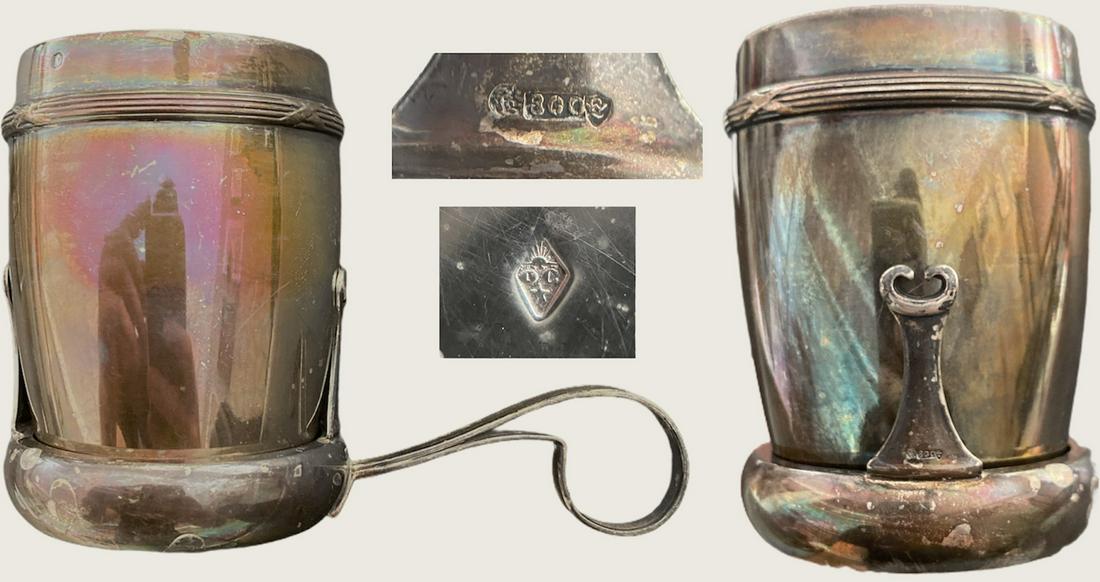 Infusion cup (tea) and its silver handle support: Infusion cup (tea) and its silver handle support, Art-Nouveau uniplat model, ribbed lid. French work around 1915, guarantee mark for export (probably for Belgium), punch of the silversmith Olier & Car