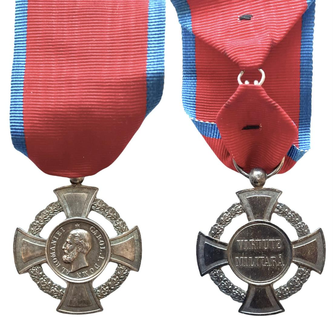 The Military Virtue Cross, 2nd Class, 1880, "Domn": Breast Badge, 47x37 mm, Silver, French boar's hallmark, original suspension ring and military virtue ribbon. Very rare in silver! I RR!