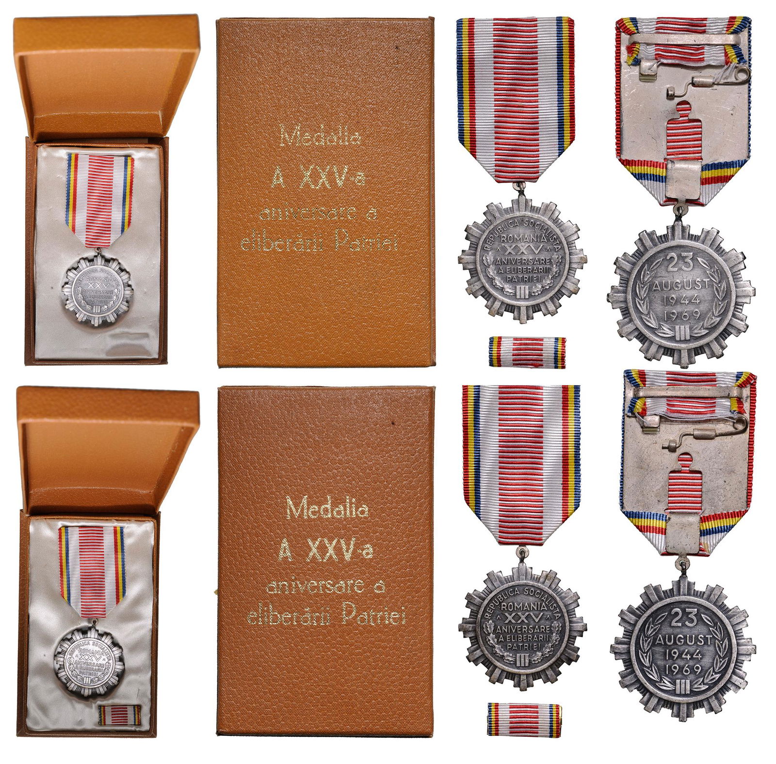 RSR - MEDAL FOR THE 25TH ANNIVERSARY OF THE ELIBERATION: Breast Badges, 40 mm, silvered, original suspension rings, ribbons and ribbon bars, in cases of issue, with gilt inscription on the lid. Mint state! I (2)