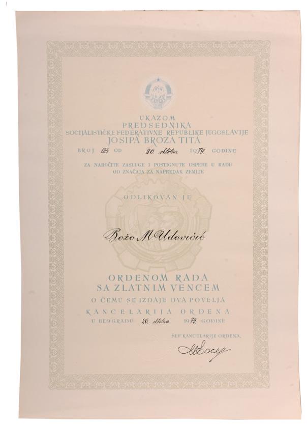ORDER OF LABOUR: Diploma of the Order awarded to a Yugoslav Citizen, instituted in 1945, 49x34 cm, dated 1979. I
