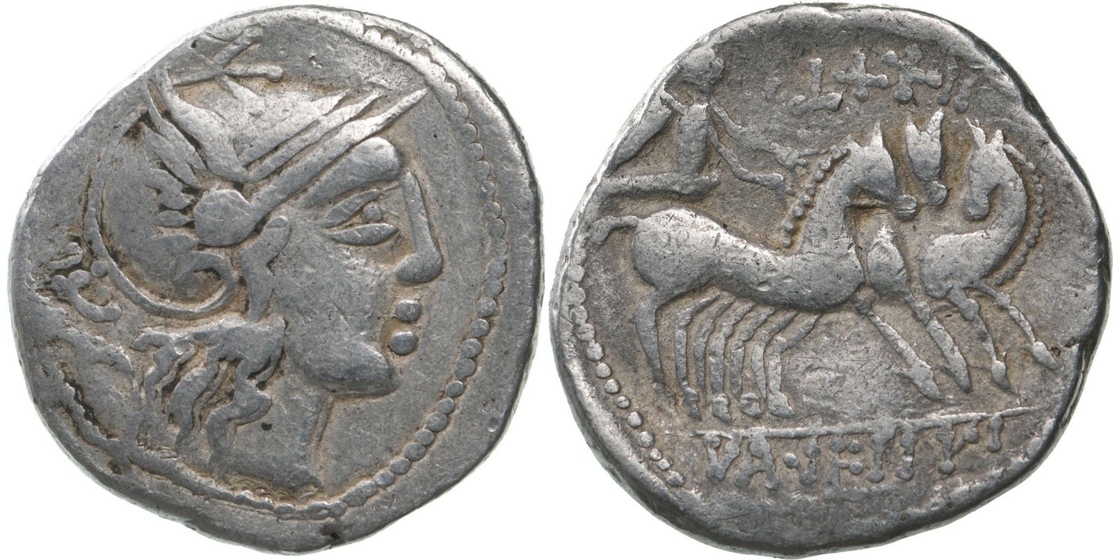 Appius Claudius Pulcher (111-100 BC), Denar, Silver (4,3g), Barbaric imitation: Roma head right / Victoria in quadriga right. Cr. 299 for prototype. VF+