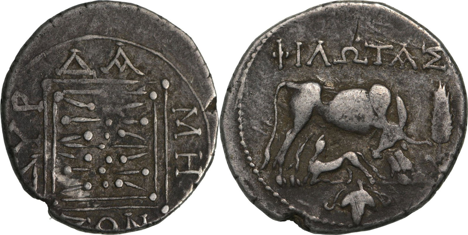 ILLYRIA. Dyrrhachion. Circa 200-37 BC. Drachm, Silver (18 mm, 3.23 g), struck under magistrates: Î¦Î™Î›Î©Î¤Î‘Î£ Cow standing to right, looking back and suckling calf standing to left beneath her, to left, club, to right, grain ear, in exergue, grape bunch/ Î”YP Î‘Î£/Îš�