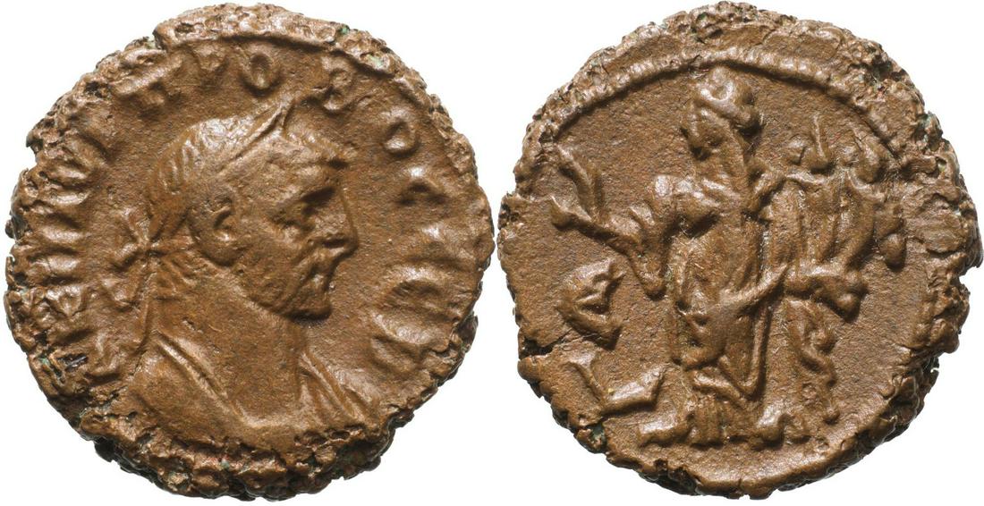 EGYPT. Probus (276-282) Bi Tetradrachm (6.27 g) Alexandria 279-280 AD.: Laureate, draped and cuirassed bust right/ Homonoia standing left holding olive branch and cornucopiae. Field mark L E. Dattari 5534, Emmett 3989. VF+