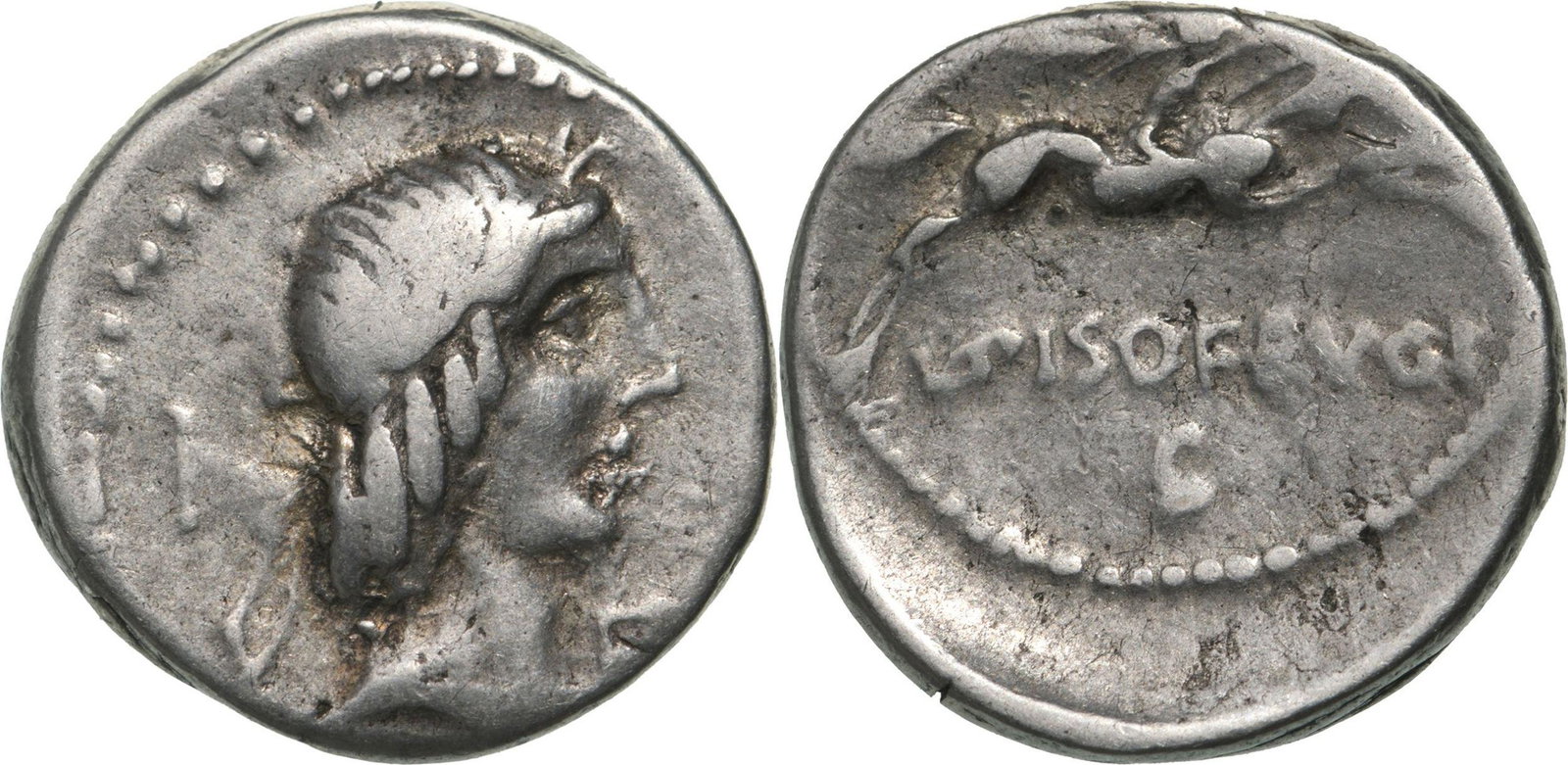 L. Calpurnius Piso Frugi. Denar, Silver (19 mm, 3.88 g) Rome, 90 BC: Laureate head of Apollo to right/ Horseman galloping to right, holding palm branch and reins, L PISO FRVGI and C below. Crawford 340/1. VF