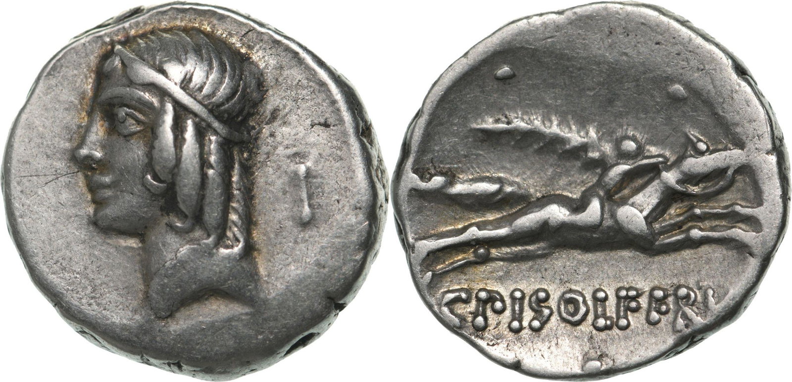 L. Calpurnius Piso Frugi. Denar, Silver (4.05 g) Rome, 90 BC: Laureate head of Apollo to left, control mark behind/ Horseman galloping to right, holding palm branch and reins, L PISO FRVGI below. Crawford 340/1. VF+ R!