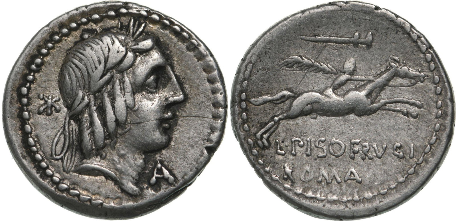 L. Calpurnius Piso Frugi. Denar, Silver (3.73 g) Rome, 90 BC: Laureate head of Apollo to left, star behind, A before/ Horseman galloping to right, holding palm branch and reins, L PISO FRVGI ROMA below, control sybol above. Crawford 340/1. VF, scatch R!