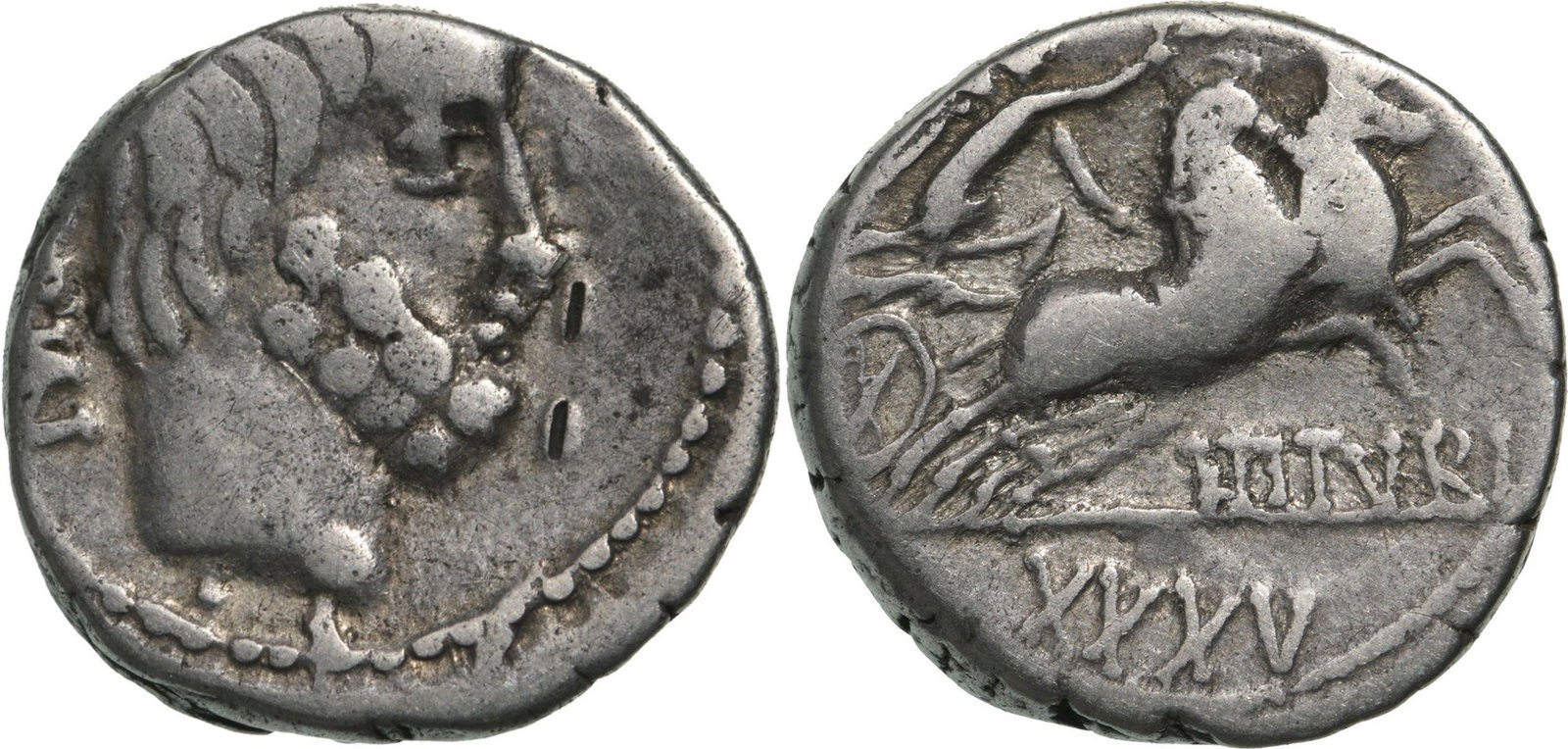 L. Titurius L. f. Sabinus. Denar, Silver (3.87 g) Rome, 89 BC: Bearded head of the Sabine king Tatius to right, SABIN downwards behind /L TITVRI/ XXXV Victory driving biga to right, holding reins and wreath. Crawford 344/3. VF