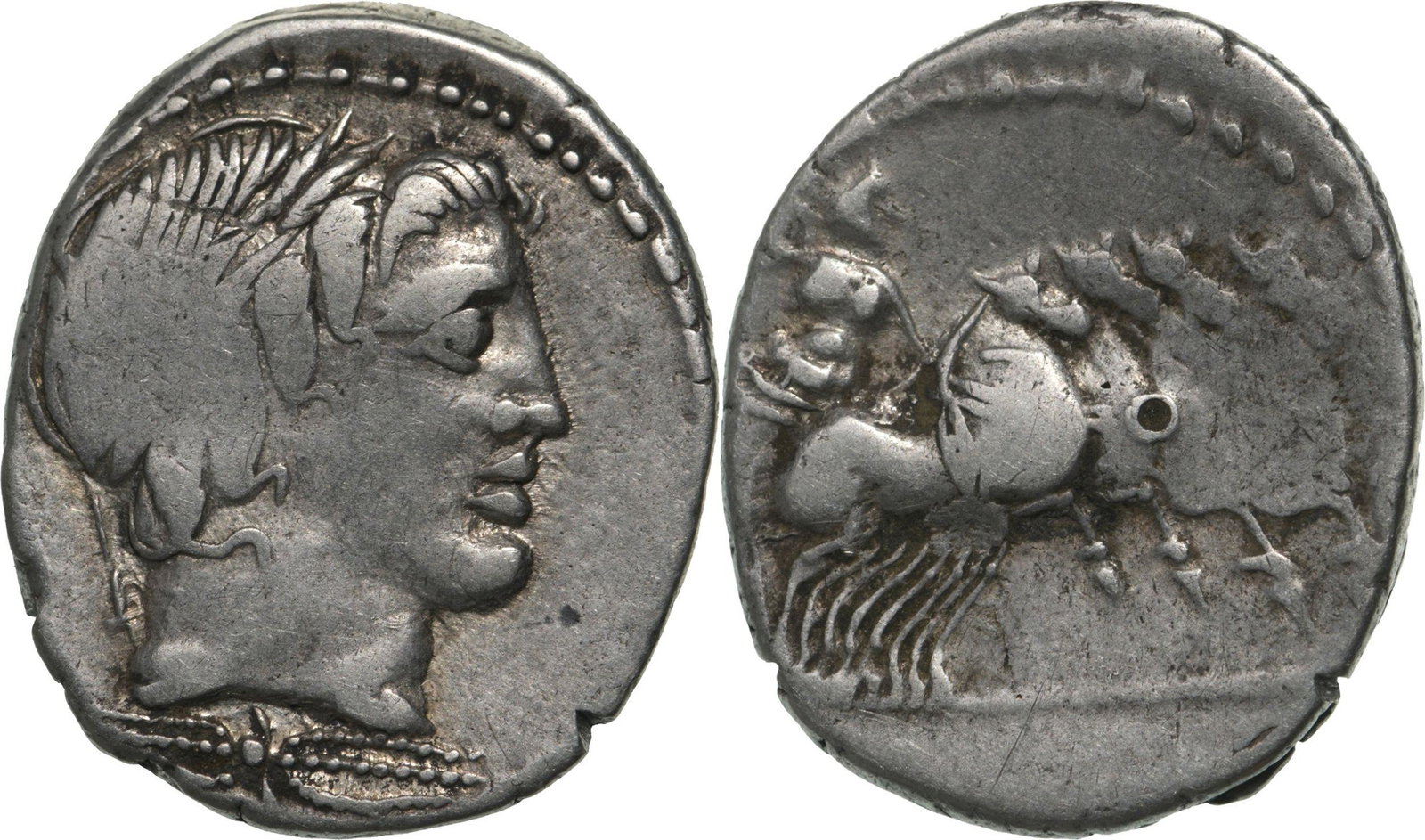 Gargilius, Ogulnius, and Vergilius. Denar, Silver (3.76 g) Rome, 86 BC: Laureate head of Apollo right, thunderbolt below / Jupiter, hurling thunderbolt and holding reins, driving galloping quadriga right. Crawford 350A/2. VF