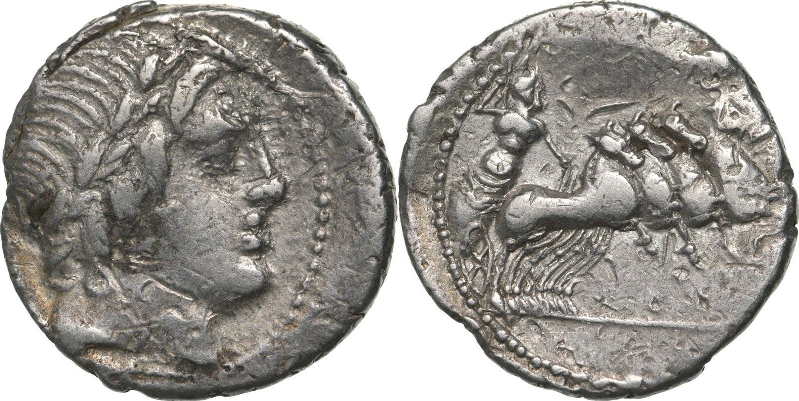Gargilius, Ogulnius, and Vergilius. Denar, Silver (3.87 g) Rome, 86 BC: Laureate head of Apollo right, thunderbolt below / Jupiter, hurling thunderbolt and holding reins, driving galloping quadriga right. Crawford 350A/2. VF