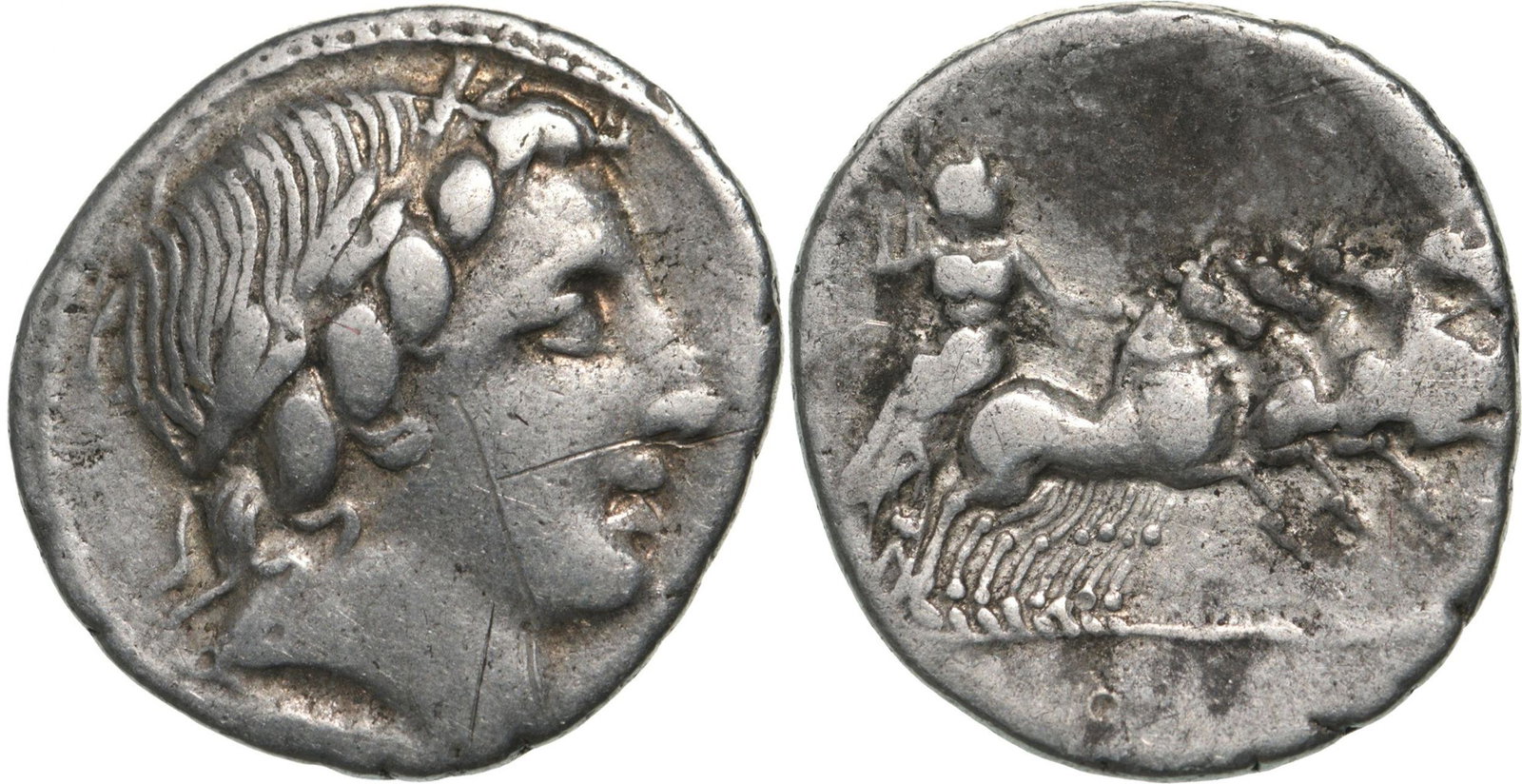 Gargilius, Ogulnius, and Vergilius. Denar, Silver (3.36 g) Rome, 86 BC: Laureate head of Apollo right, thunderbolt below / Jupiter, hurling thunderbolt and holding reins, driving galloping quadriga right. Crawford 350A/2. VF, scratches