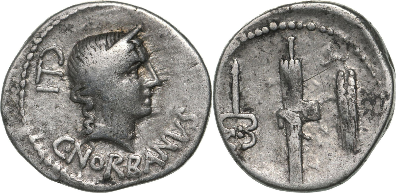 C. Norbanus. Denar, Silver (3.43 g) Rome, 83 BC: Diademed bust of Venus to right, control number behind, C NORBANVS below / Fasces between corn ear and caduceus. Crawford 357/1b. VF