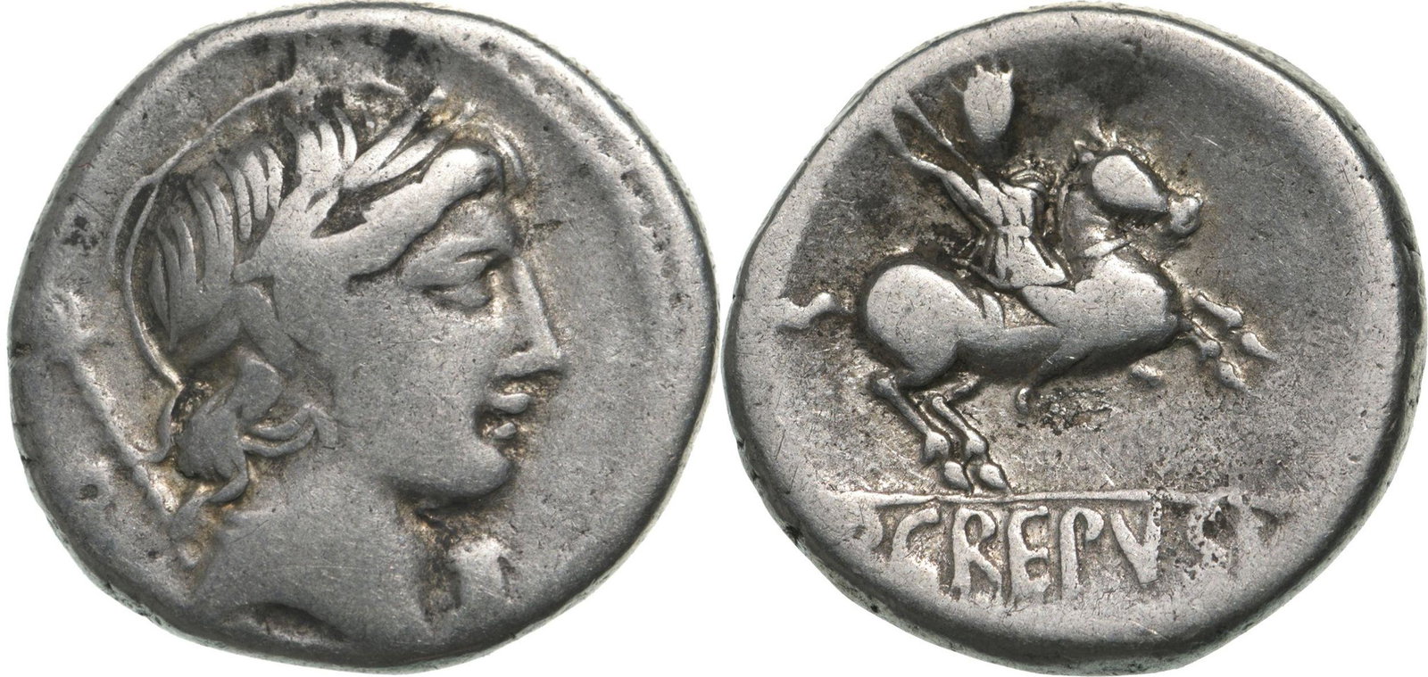 Pub. Crepusius. Denar, Silver (3.99 g) Rome, 82 BC: Laureate head of Apollo right, scepter over shoulder, cornucopia below chin / P CREPVSI Horseman galloping right, hurling spear. Crawford 361/1c. VF