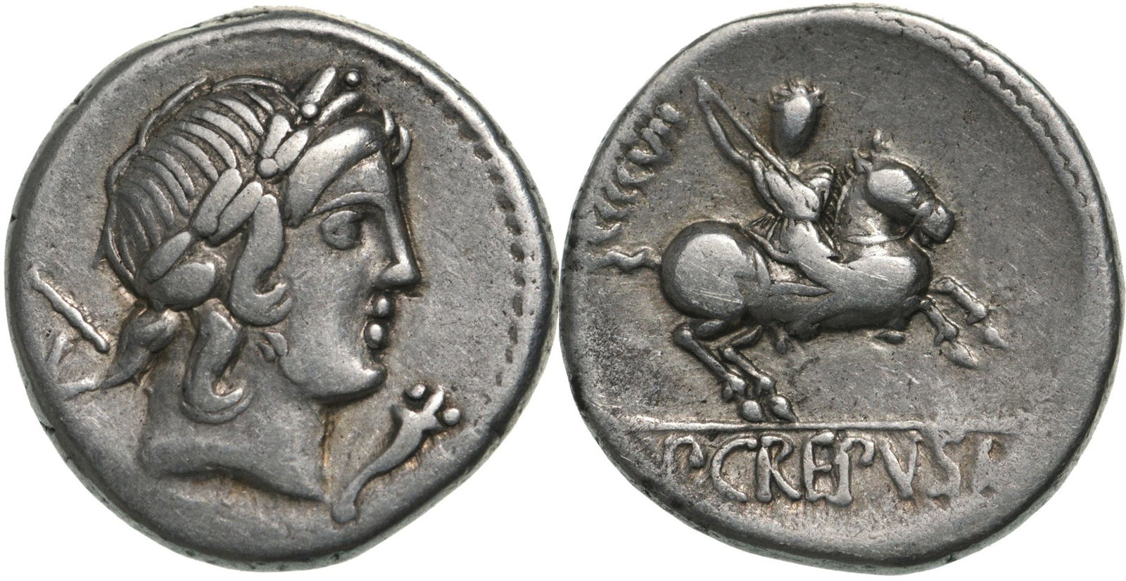 Pub. Crepusius. Denar, Silver (3.98 g) Rome, 82 BC: Laureate head of Apollo right, scepter over shoulder, cornucopia below chin / P CREPVSI Horseman galloping right, hurling spear, CCCCXVIII to left. Crawford 361/1c. VF+