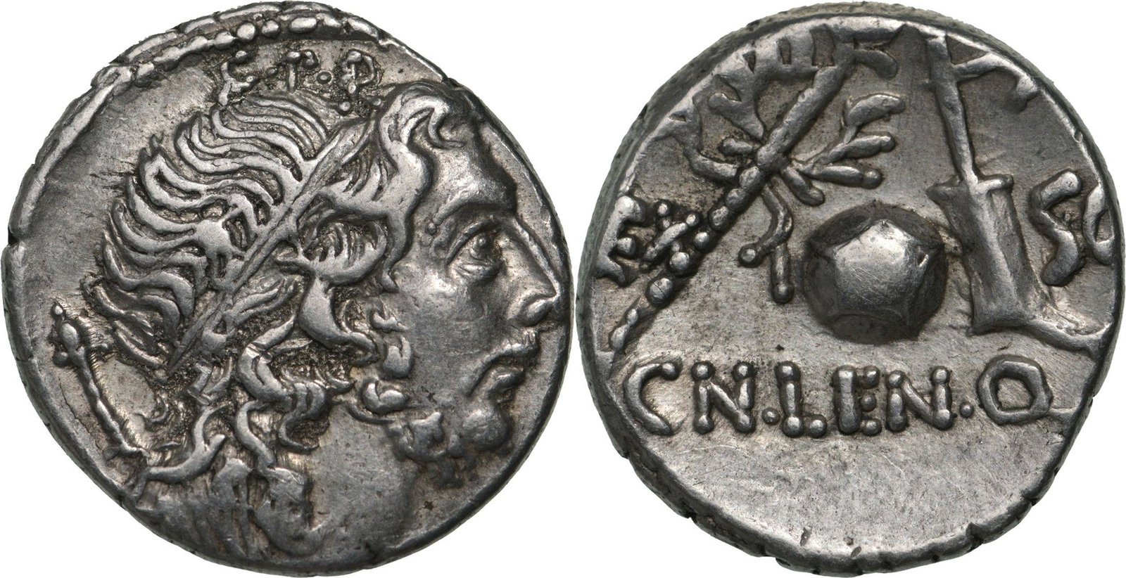 Cn. Lentulus. Denar, Silver (3.86 g) Spanish mint, 76-75 BC: Diademed and draped bust of Genius Populi Romani to right, holding sceptre over shoulder, G P R above / Sceptre with wreath, globe and rudder, EX-SC across fields, CN LEN Q in exergue. Crawford 393/1a