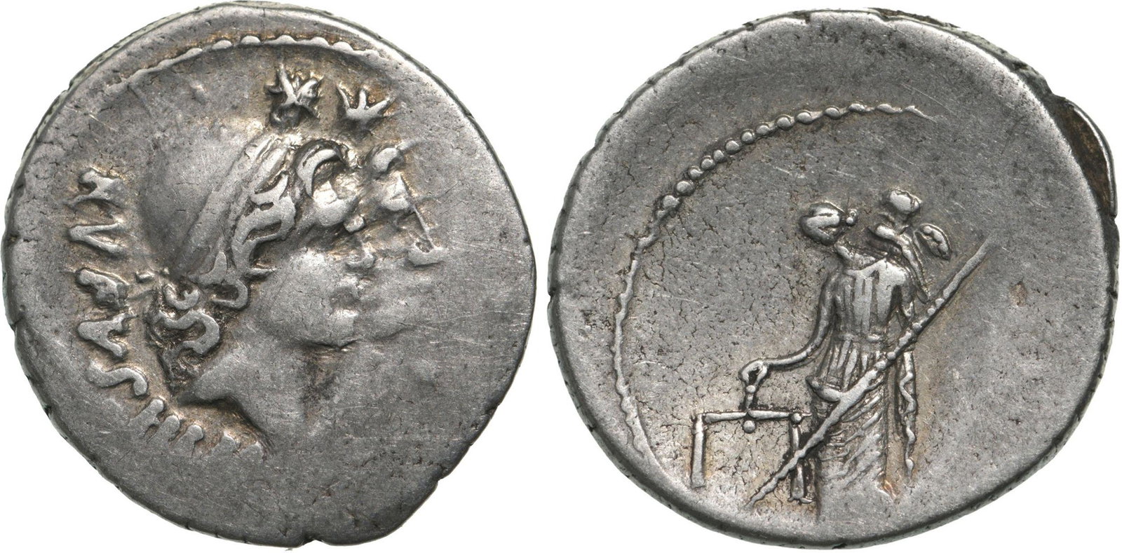 Mn. Cordius Rufus. Denar, Silver (3.76 g) Rome, 46 BC: RVFVS III VIR Jugate heads of the Dioscuri to right, wearing laureate pilei surmounted by stars/ MN CORDIVS Venus Verticordia standing front, head to left, holding scales in right hand and scepter in 