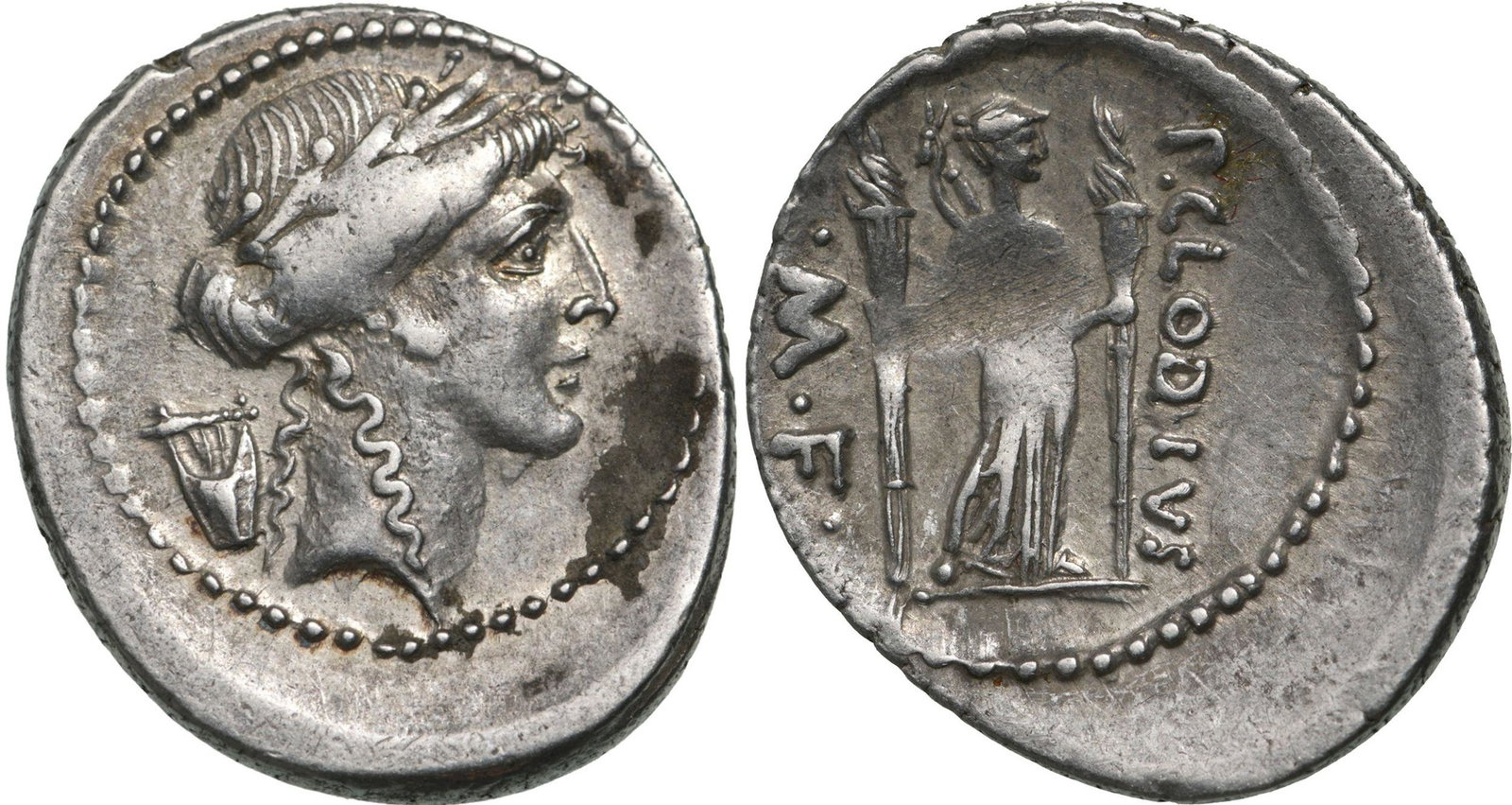 P. Clodius M.f. Turrinus. Denar, Silver (3.84 g) Rome, 42 BC: Laureate head of Apollo to right, behind, lyre/ P CLODIVS/ M F Diana standing front, head to right, with bow and quiver over shoulder, holding lighted torch in each hand. Babelon (Clodia) 15. Crawford