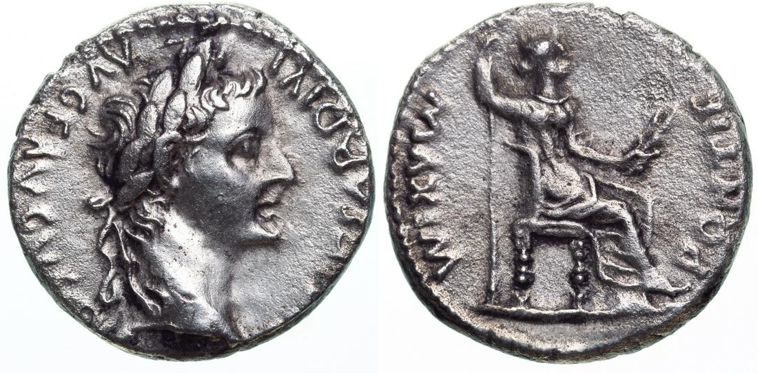 Tiberius (14-37 AD) Denar, Silver (3,7 g), Lugdunum.: TI CAESAR DIVI AVG F AVGVSTVS, Laureate head right / PONTIF MAXIM, Livia seated right holding scepter and branch. RIC 30. XF/VF+