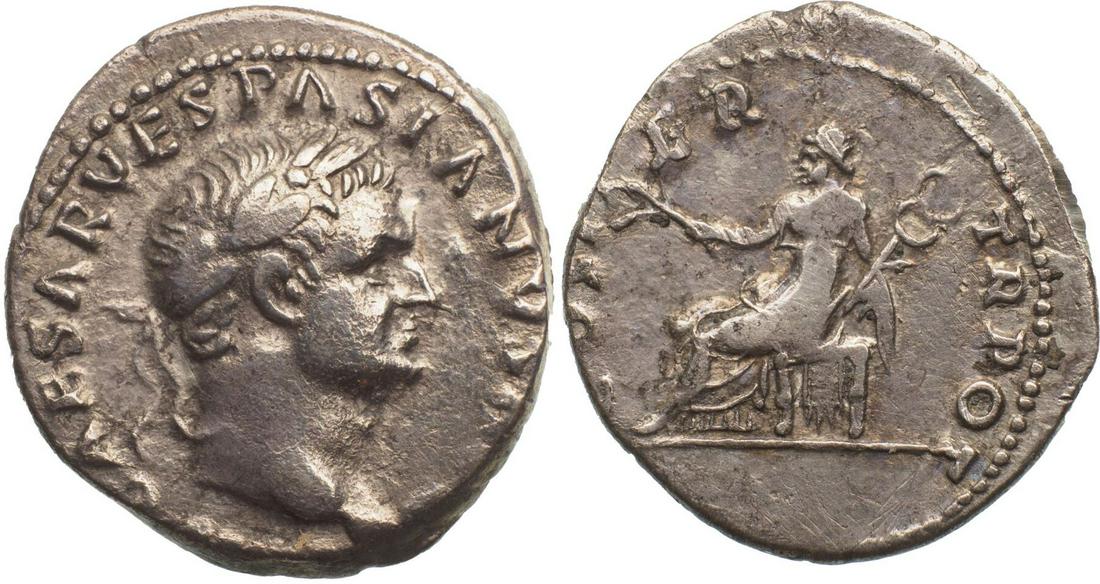 Vespasian (69-79) Denar Silver (3.12 g), Rome 70 AD.: IMP CAESAR VESPASIANVS AVG, laureate head to right / COS ITER TR POT, Pax seated to left, holding branch and caduceus. RIC II.1 29, BMCRE 26. VF+