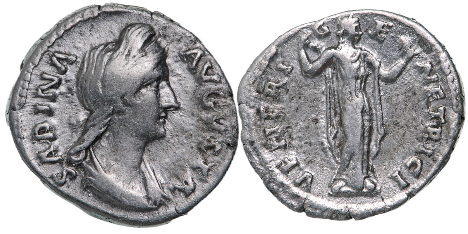 Sabina (119-137 AD), Denar, Silver (2.92g), Rome: SABINA AVGVSTA, diademed and draped bust right/ VENERI GENETRICI Venus standing left holding apple. RIC 396. VF +
