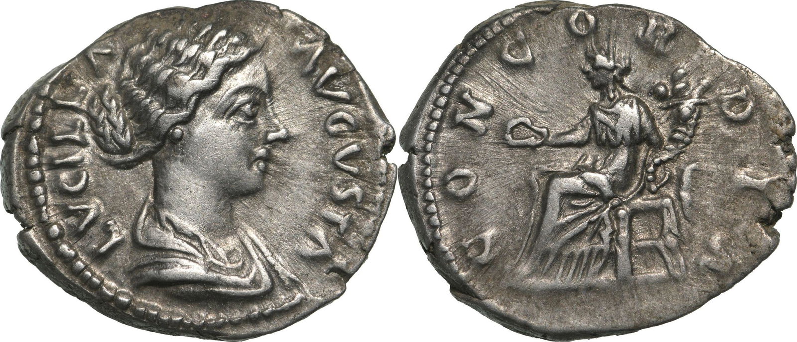 Lucilla (164-169) Denar Silver (19 mm, 3.57 g.), Rome 161-163: LVCILLA AVGVSTA, draped bust right / CONCORDIA, Concordia seated to left, holding patera and cornucopiae. Cf. RIC III 759, cf. BMCRE 333. XF/XF-
