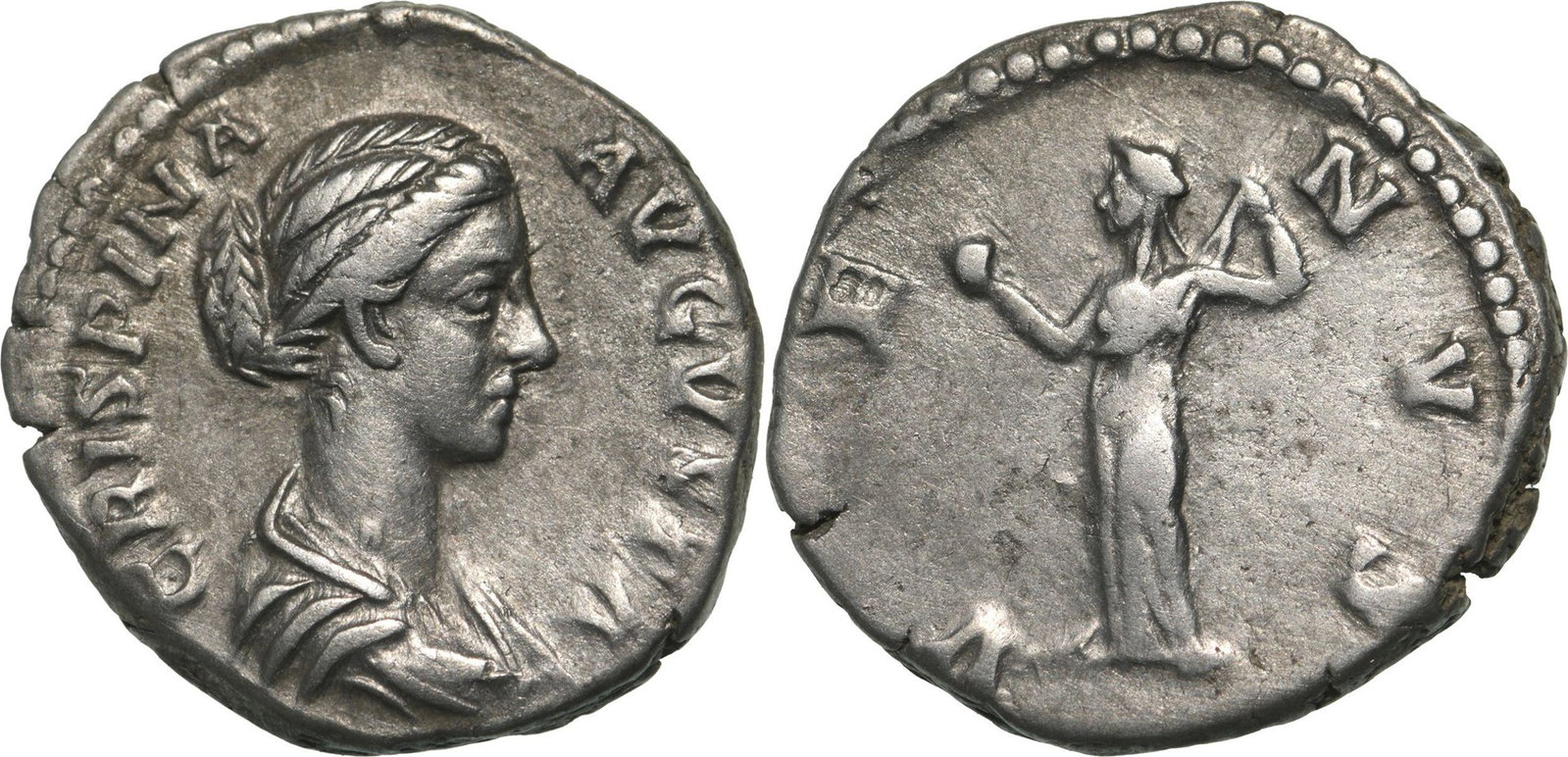Crispina (178-192) Denar Silver (17 mm, 3.23 g), Rome, 180-182: CRISPINA AVGVSTA Draped bust right / VENUS, Venus standing left with apple and scepter. RIC 286a, RSC 35. VF+/VF