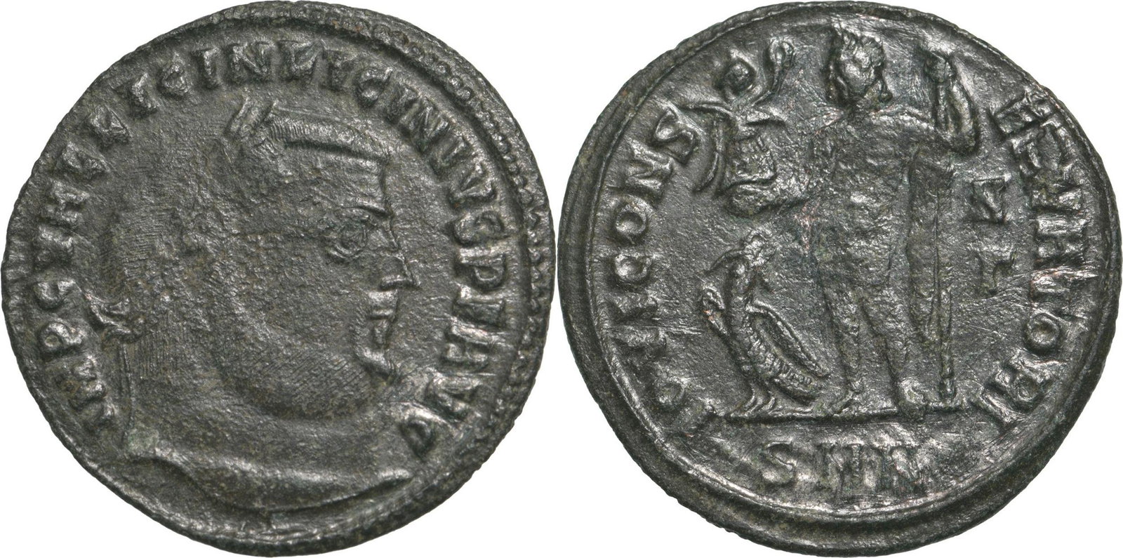 LICINIUS I (308-324), AE follis (22 mm, 3.05 g) Nicomedia, 313-317.: IMP C VAL LICIN LICINIVS PF AVG T, laureate head right / IOVI CONSERVATORI, Jupiter standing left, holding Victory on globe and sceptre, eagle at feet left, N over Å’Ã¬ in right field, SMN in exe