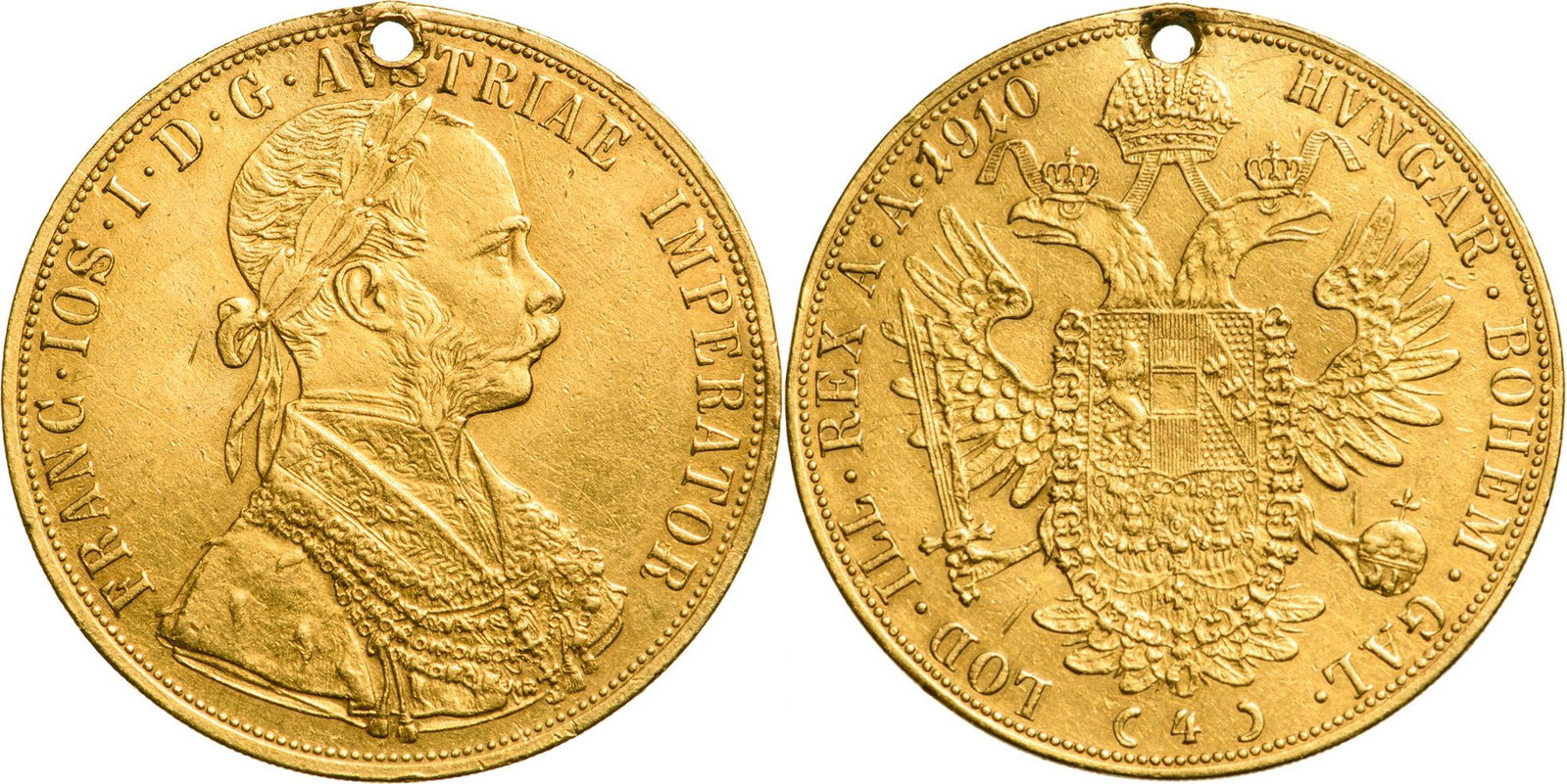 Franz Joseph I (1848-1916) 4 Ducat 1910 A, Vienna Mint: GOLD, 13.8 g. KM 2276, Fr. 487. Holed. XF